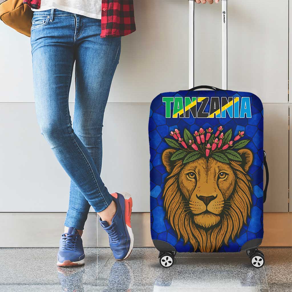 Tanzania Simba Lion Luggage Cover with Floral Crown and Blue Mosaic Design TS04