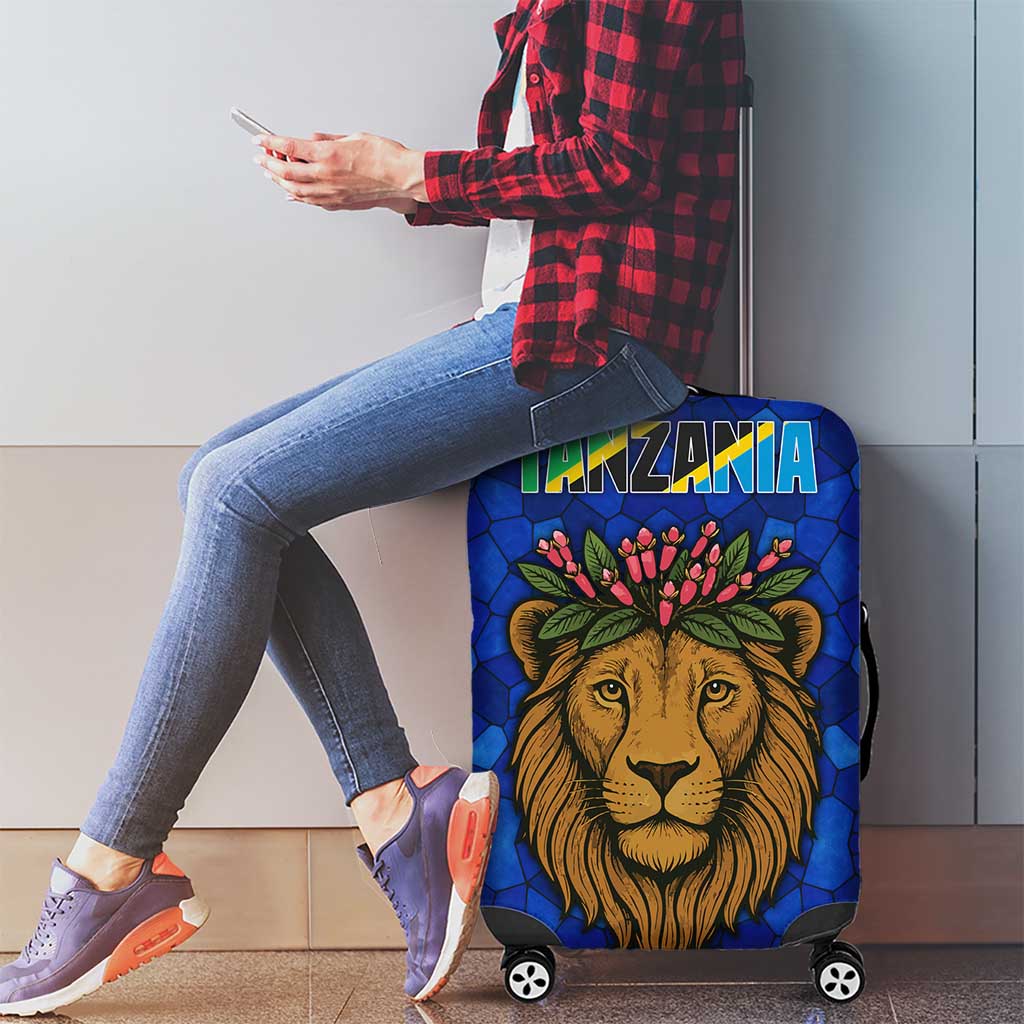 Tanzania Simba Lion Luggage Cover with Floral Crown and Blue Mosaic Design TS04