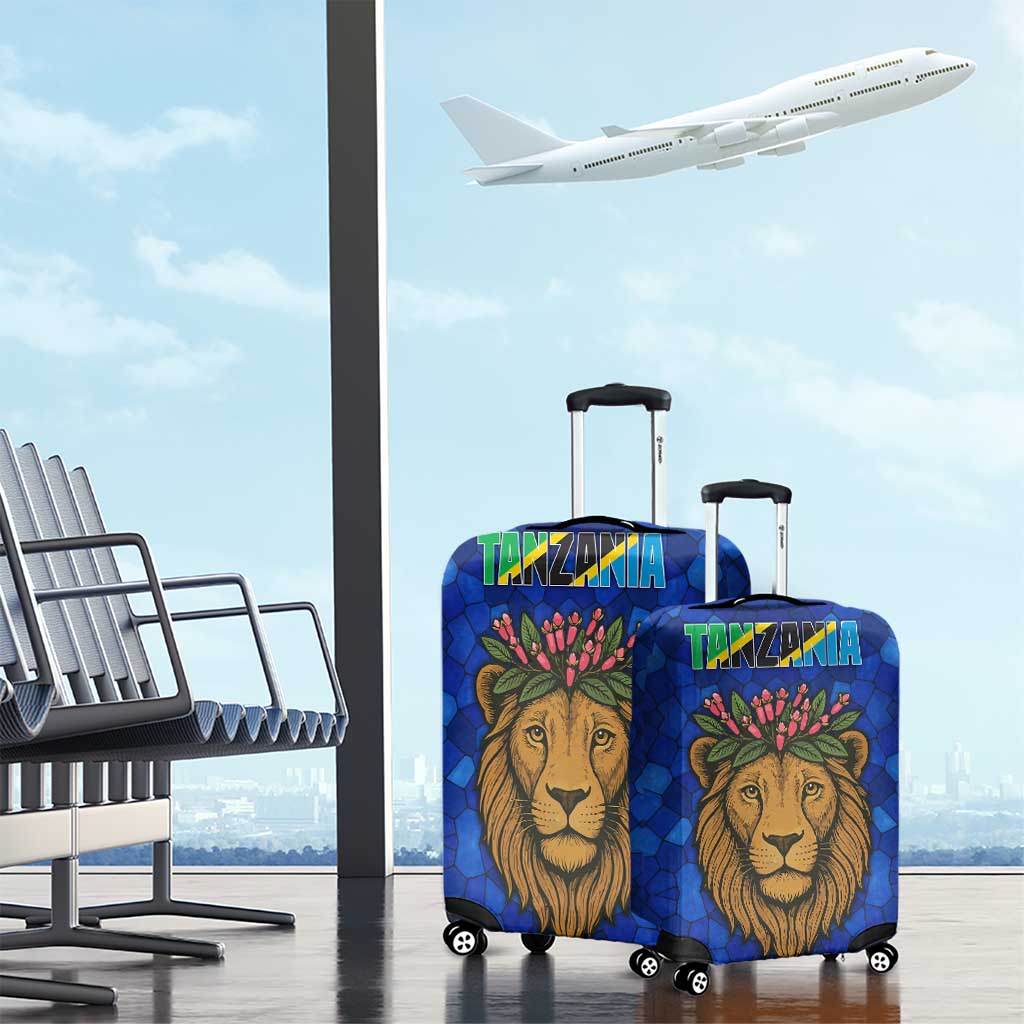 Tanzania Simba Lion Luggage Cover with Floral Crown and Blue Mosaic Design TS04