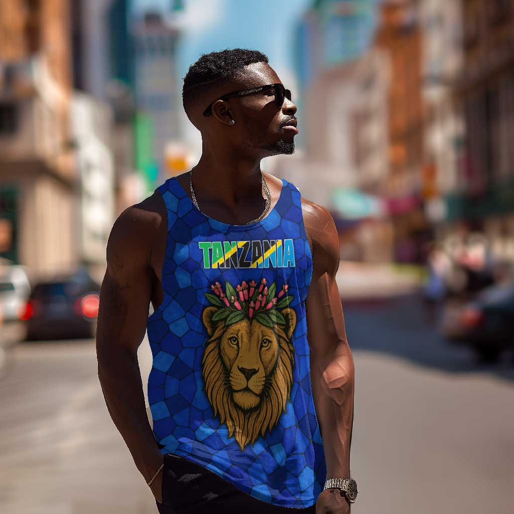 Tanzania Simba Lion Men Tank Top - Floral Crown and Blue Mosaic Design TS04