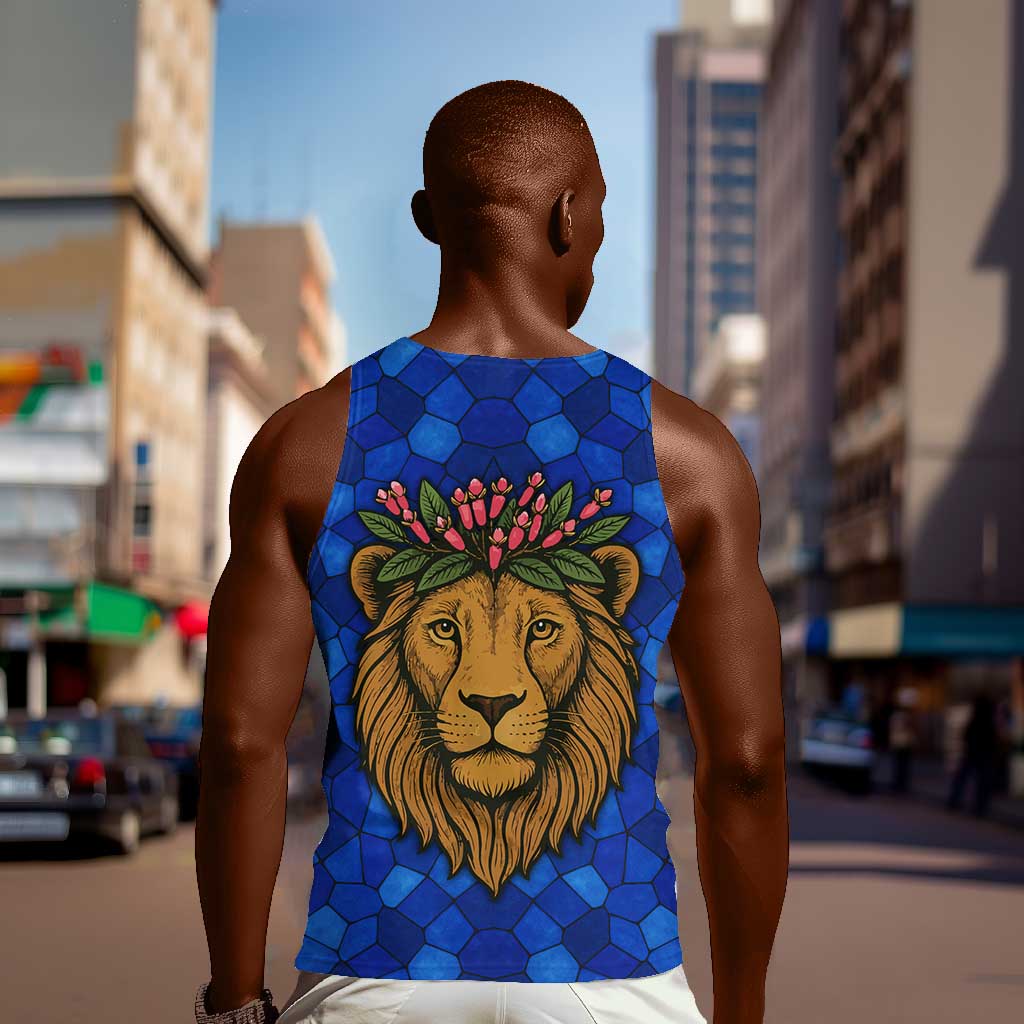 Tanzania Simba Lion Men Tank Top - Floral Crown and Blue Mosaic Design TS04