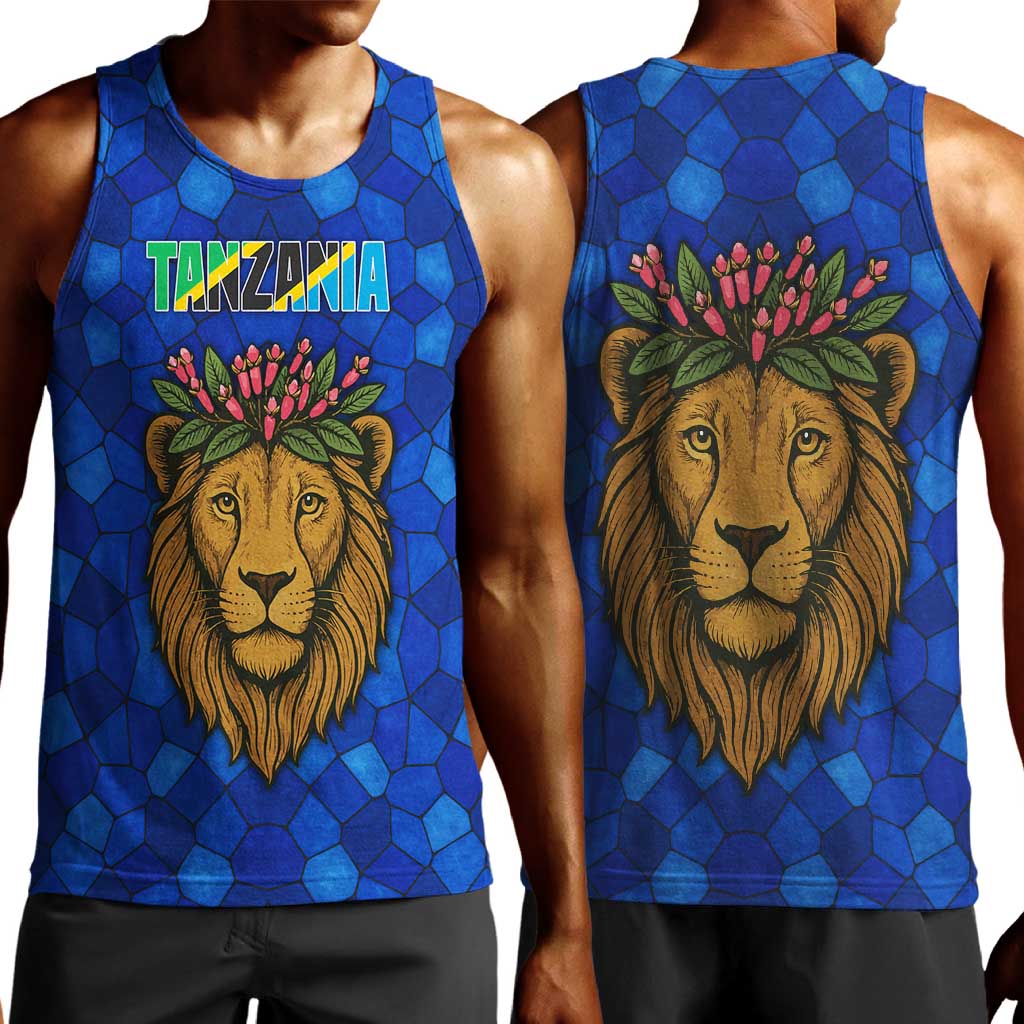 Tanzania Simba Lion Men Tank Top - Floral Crown and Blue Mosaic Design TS04
