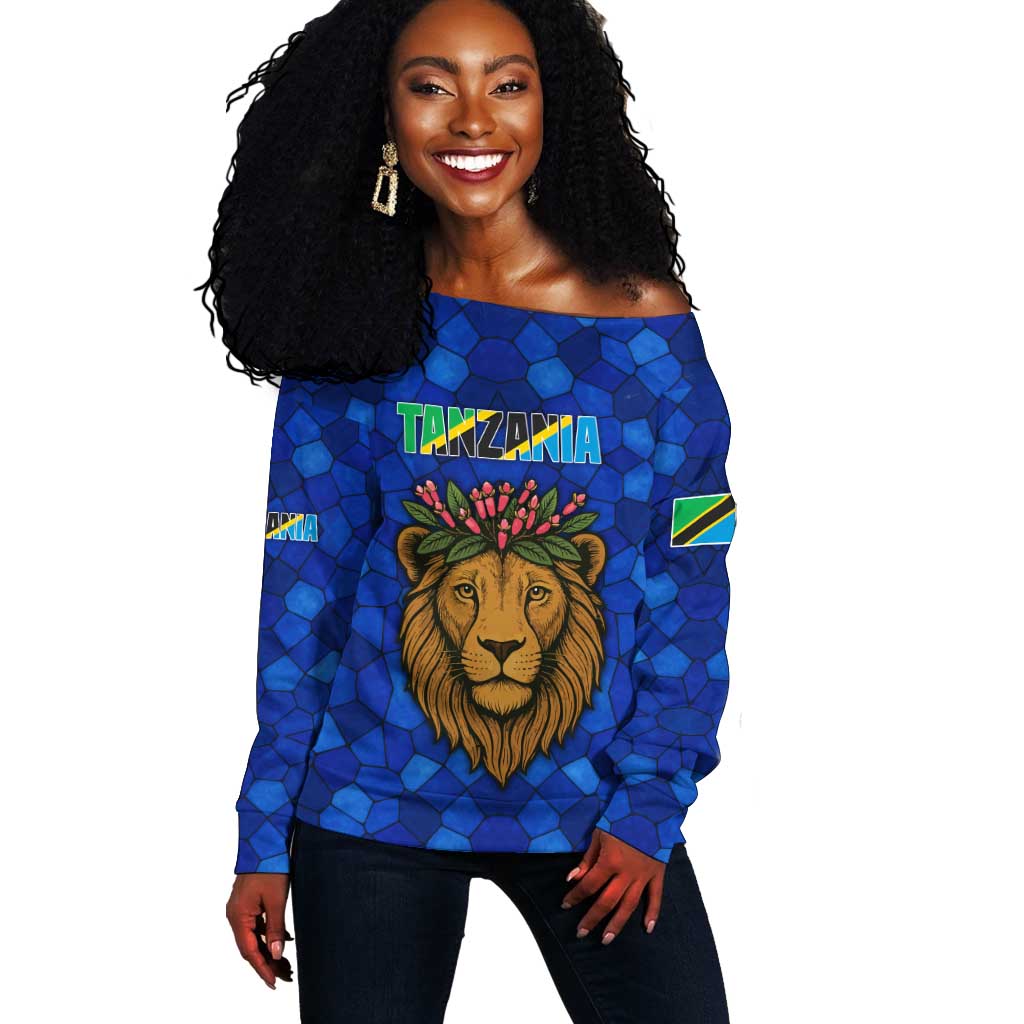 Tanzania Simba Lion Off Shoulder Sweater - Floral Crown and Blue Mosaic Design TS04
