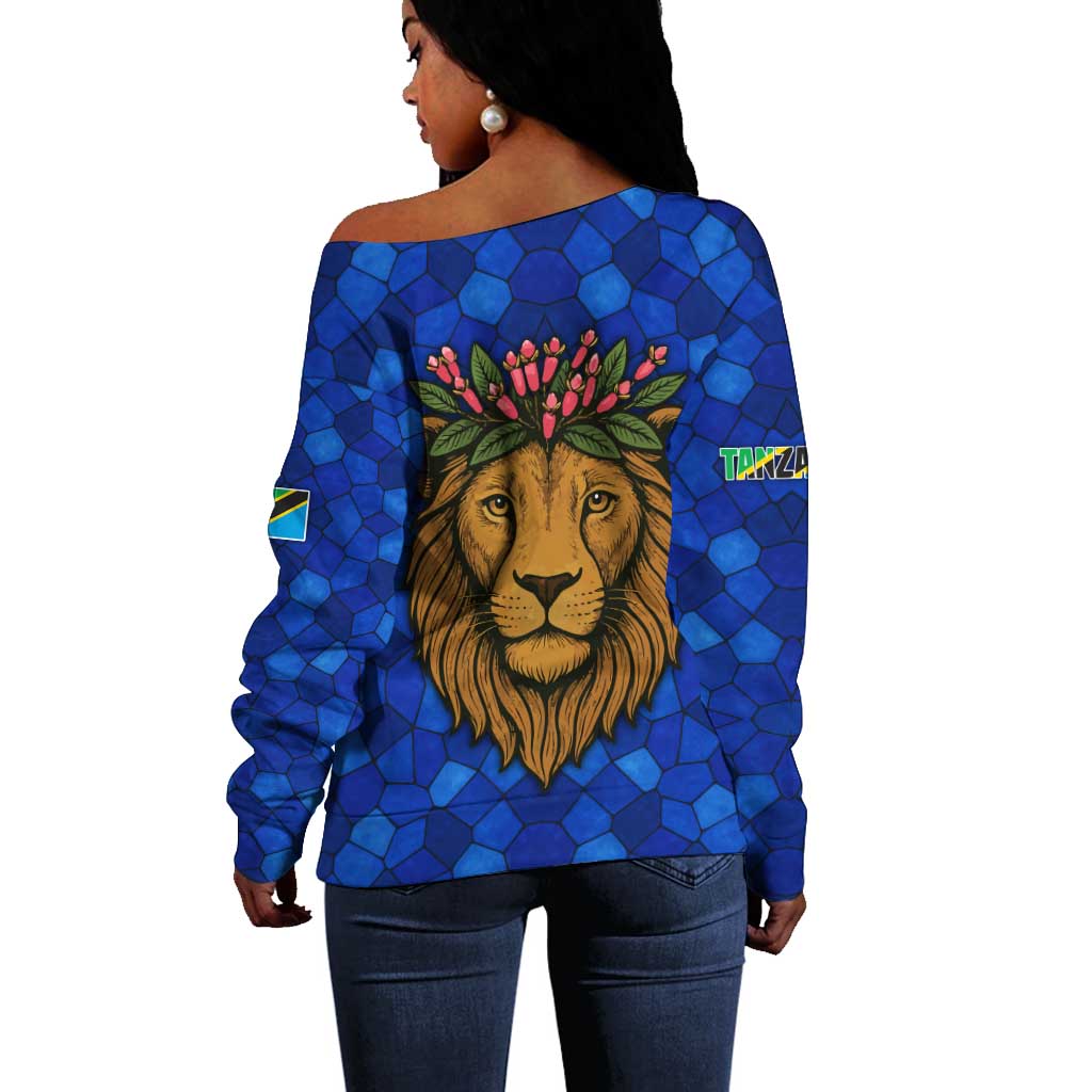 Tanzania Simba Lion Off Shoulder Sweater - Floral Crown and Blue Mosaic Design TS04