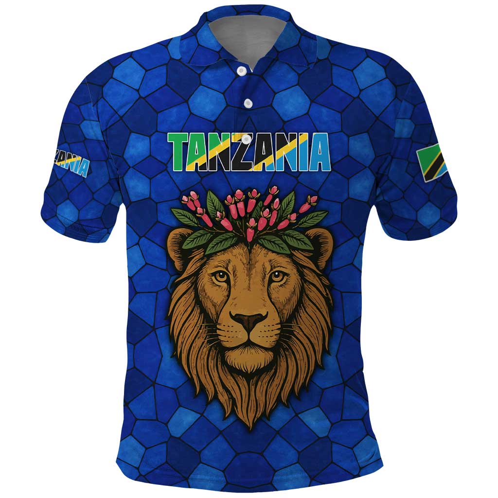 Tanzania Simba Lion Polo Shirt with Floral Crown and Blue Mosaic Design TS04
