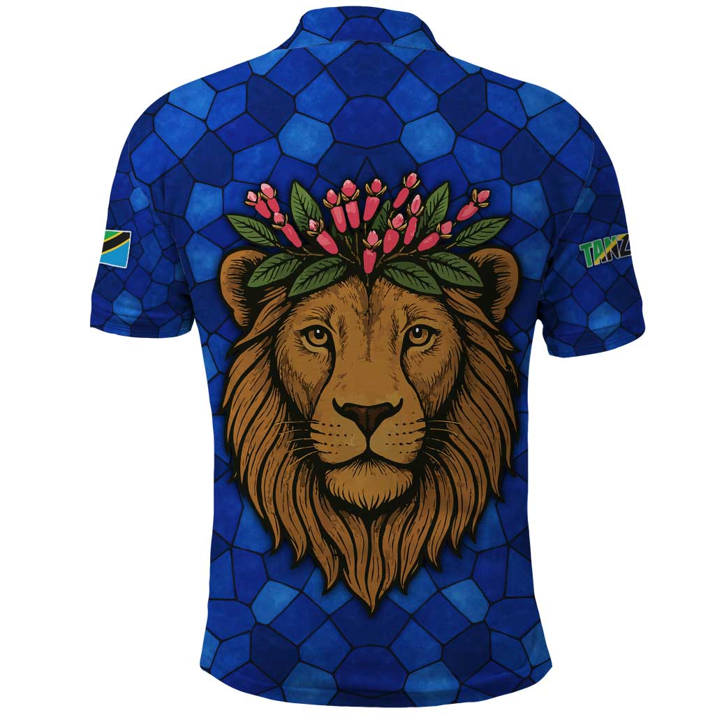Tanzania Simba Lion Polo Shirt with Floral Crown and Blue Mosaic Design TS04