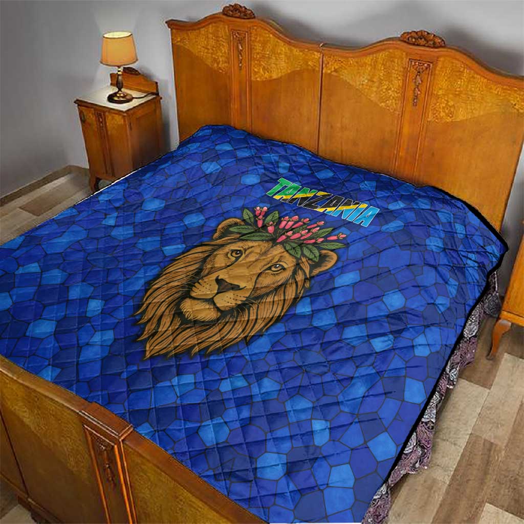 Tanzania Simba Lion Quilt - Floral Crown and Blue Mosaic Design TS04
