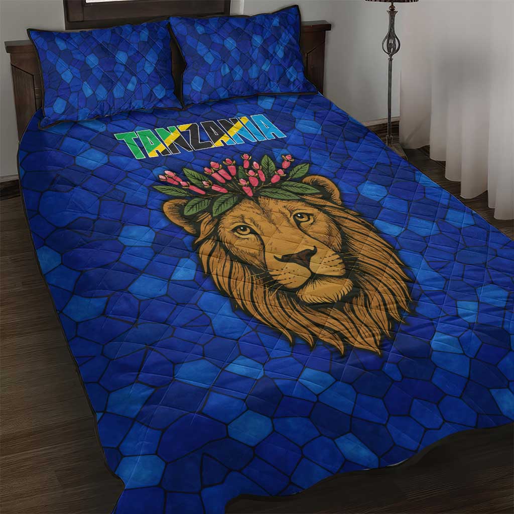 Tanzania Simba Lion Quilt Bed Set - Floral Crown and Blue Mosaic Design TS04