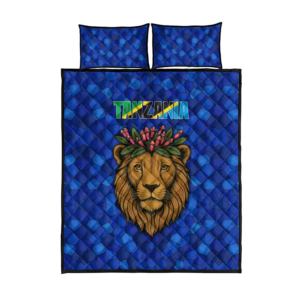 Tanzania Simba Lion Quilt Bed Set - Floral Crown and Blue Mosaic Design TS04
