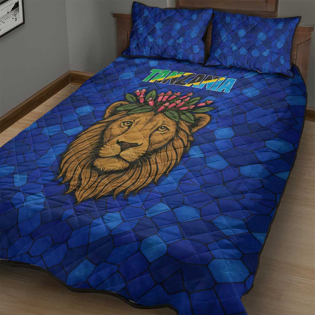 Tanzania Simba Lion Quilt Bed Set - Floral Crown and Blue Mosaic Design TS04