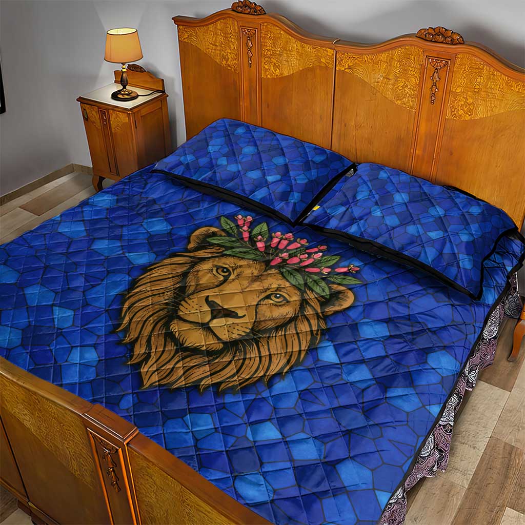 Tanzania Simba Lion Quilt Bed Set - Floral Crown and Blue Mosaic Design TS04