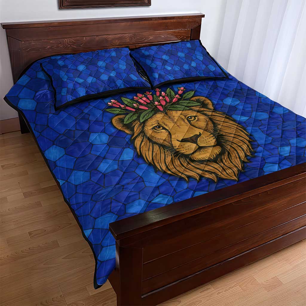Tanzania Simba Lion Quilt Bed Set - Floral Crown and Blue Mosaic Design TS04