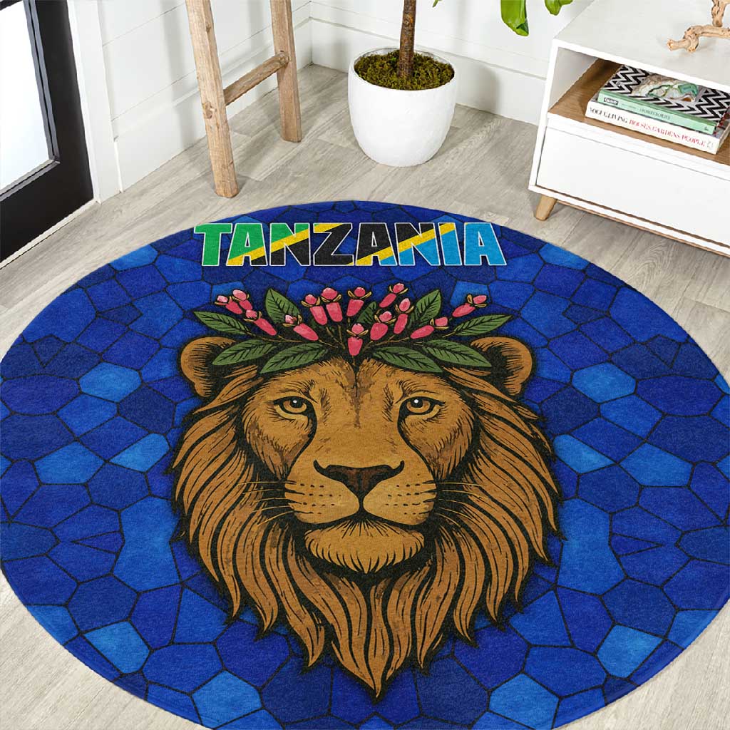 Tanzania Simba Lion Round Carpet - Floral Crown and Blue Mosaic Design TS04