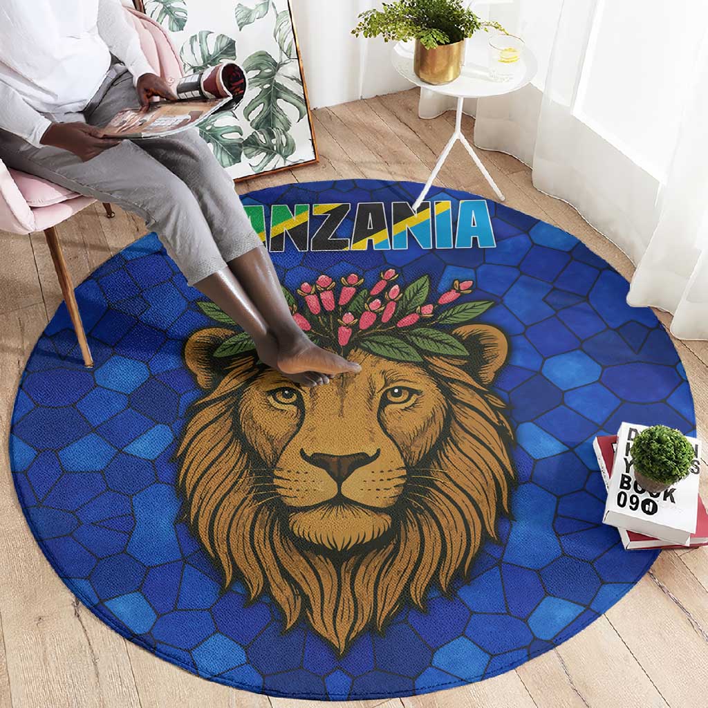 Tanzania Simba Lion Round Carpet - Floral Crown and Blue Mosaic Design TS04