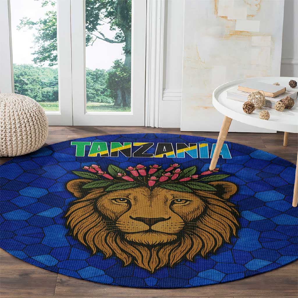 Tanzania Simba Lion Round Carpet - Floral Crown and Blue Mosaic Design TS04