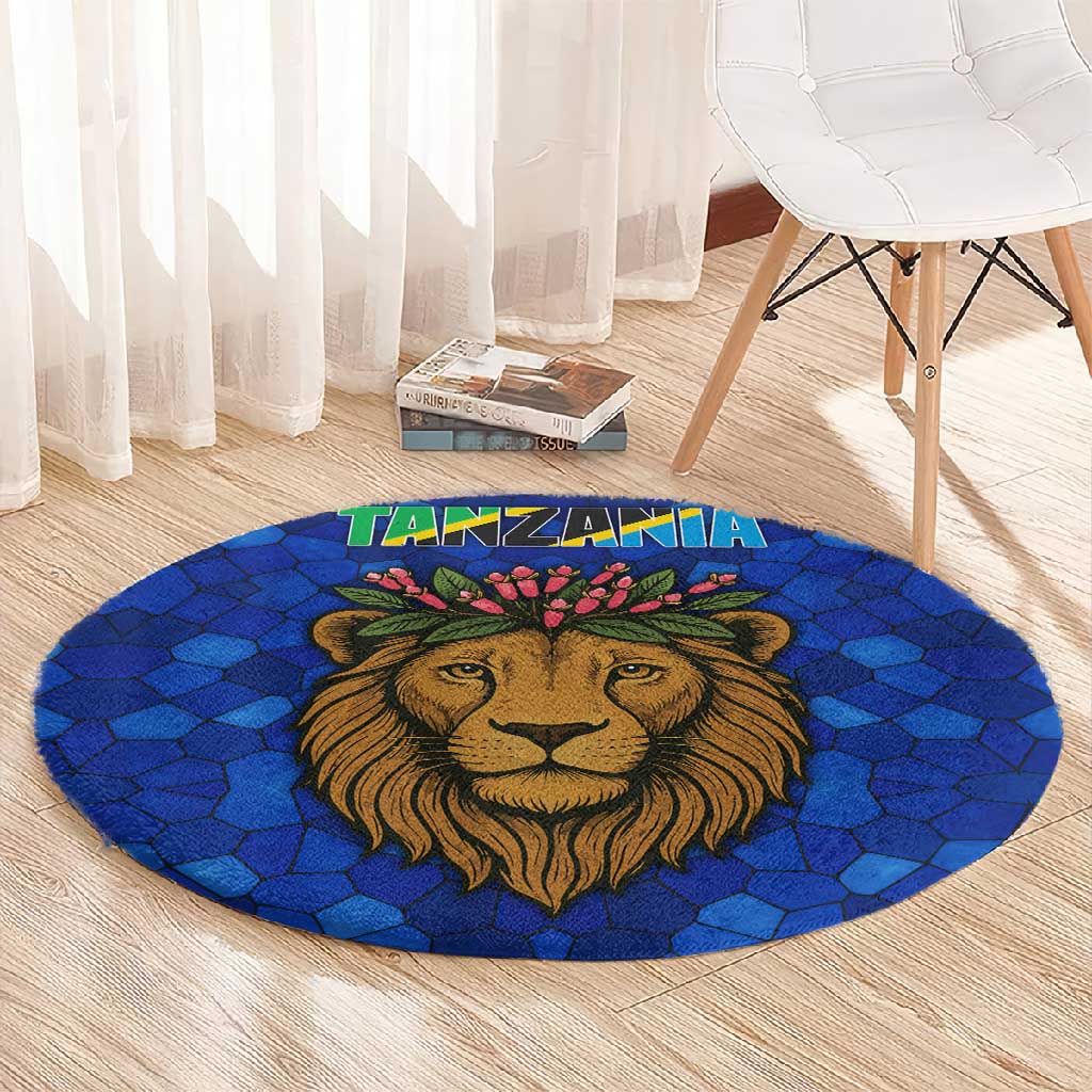 Tanzania Simba Lion Round Carpet - Floral Crown and Blue Mosaic Design TS04