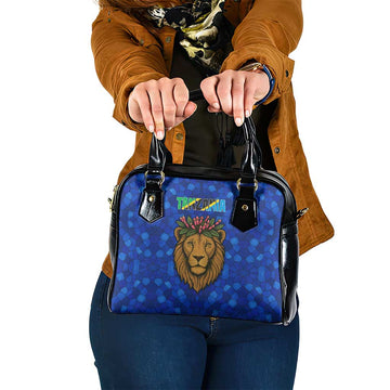 Tanzania Simba Lion Shoulder Handbag with Floral Crown and Blue Mosaic Design TS04