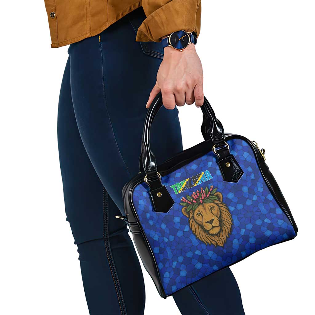 Tanzania Simba Lion Shoulder Handbag with Floral Crown and Blue Mosaic Design TS04