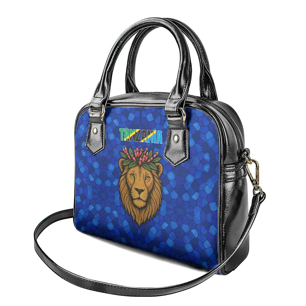 Tanzania Simba Lion Shoulder Handbag with Floral Crown and Blue Mosaic Design TS04