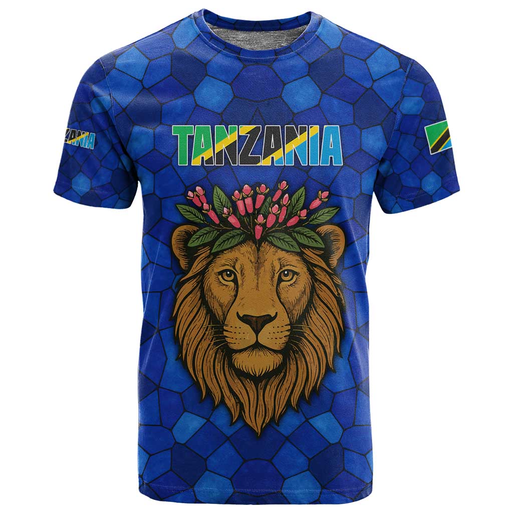 Tanzania Simba Lion T shirt - Floral Crown and Blue Mosaic Design TS04