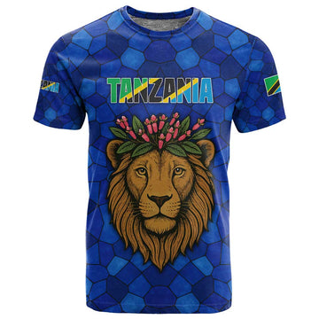 Tanzania Simba Lion T shirt - Floral Crown and Blue Mosaic Design TS04