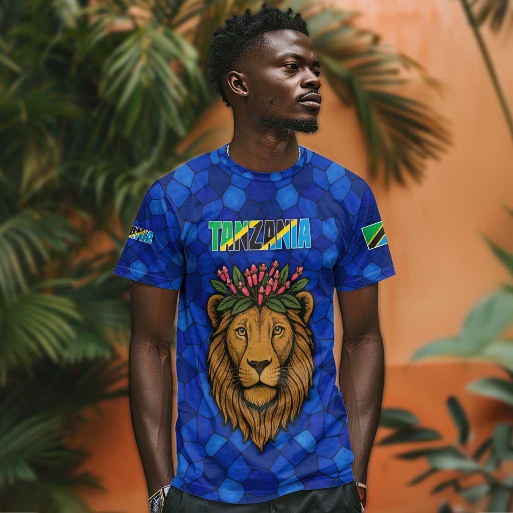 Tanzania Simba Lion T shirt - Floral Crown and Blue Mosaic Design TS04