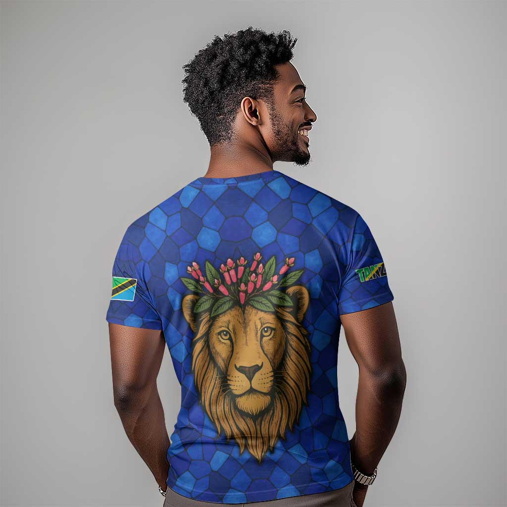 Tanzania Simba Lion T shirt - Floral Crown and Blue Mosaic Design TS04