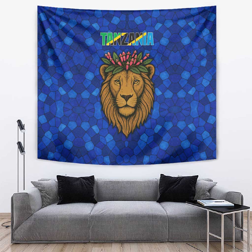 Tanzania Simba Lion Tapestry - Floral Crown and Blue Mosaic Design TS04