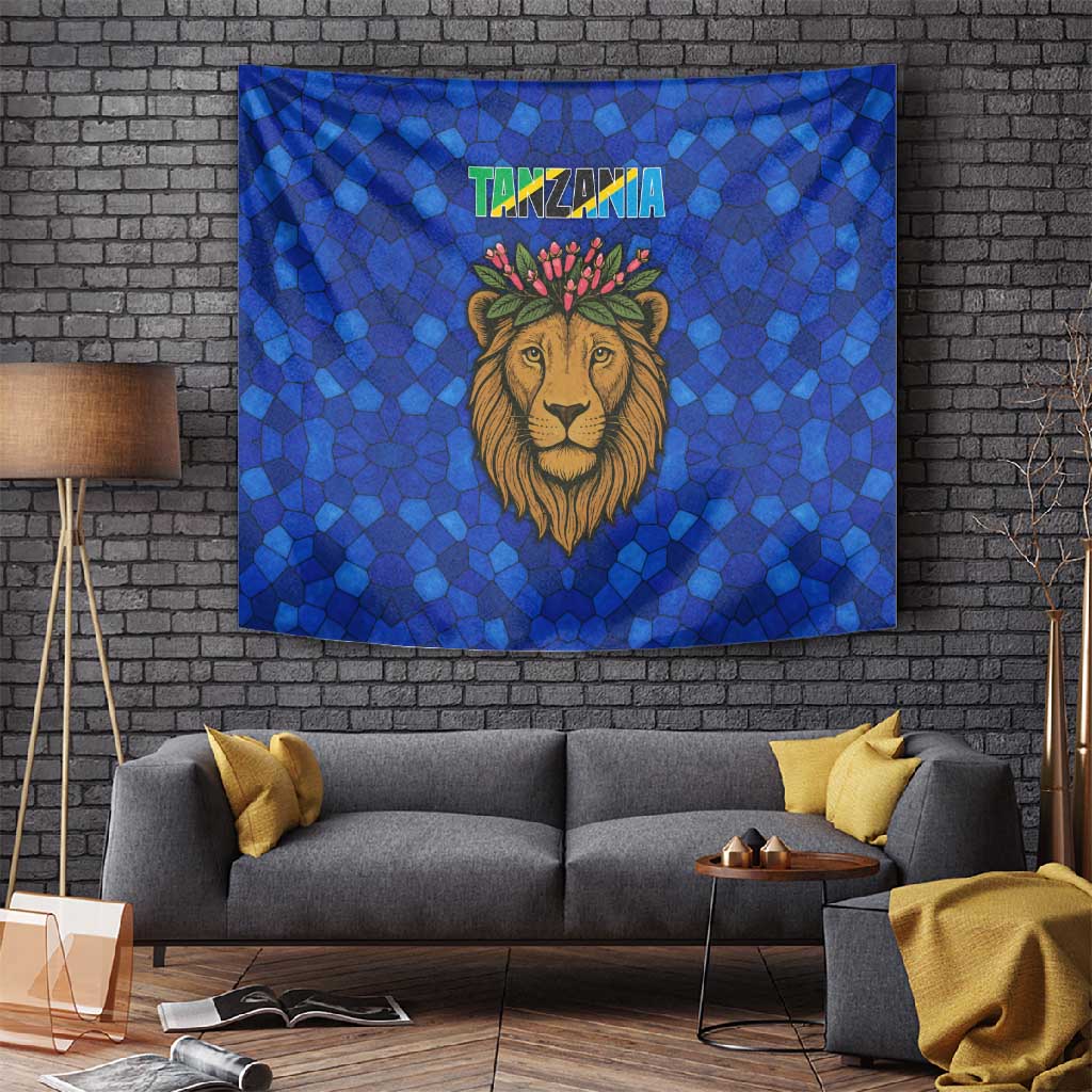 Tanzania Simba Lion Tapestry - Floral Crown and Blue Mosaic Design TS04