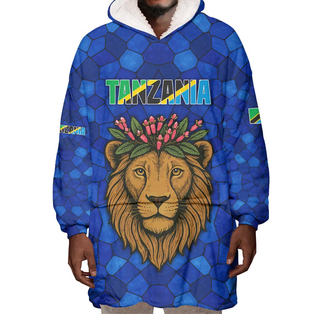 Tanzania Simba Lion Wearable Blanket Hoodie - Floral Crown and Blue Mosaic Design TS04