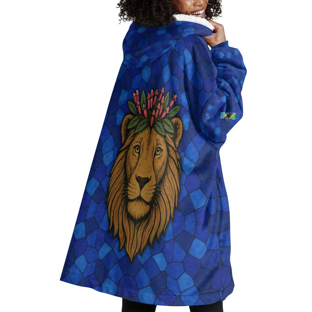 Tanzania Simba Lion Wearable Blanket Hoodie - Floral Crown and Blue Mosaic Design TS04