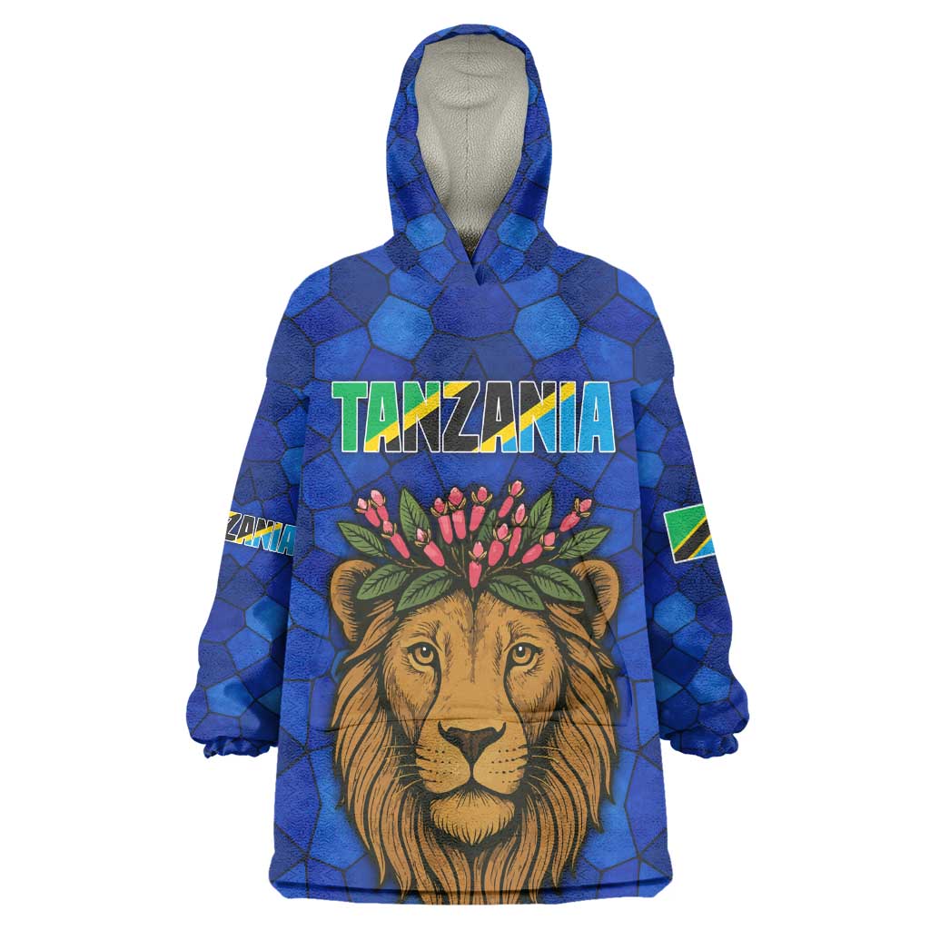 Tanzania Simba Lion Wearable Blanket Hoodie - Floral Crown and Blue Mosaic Design TS04