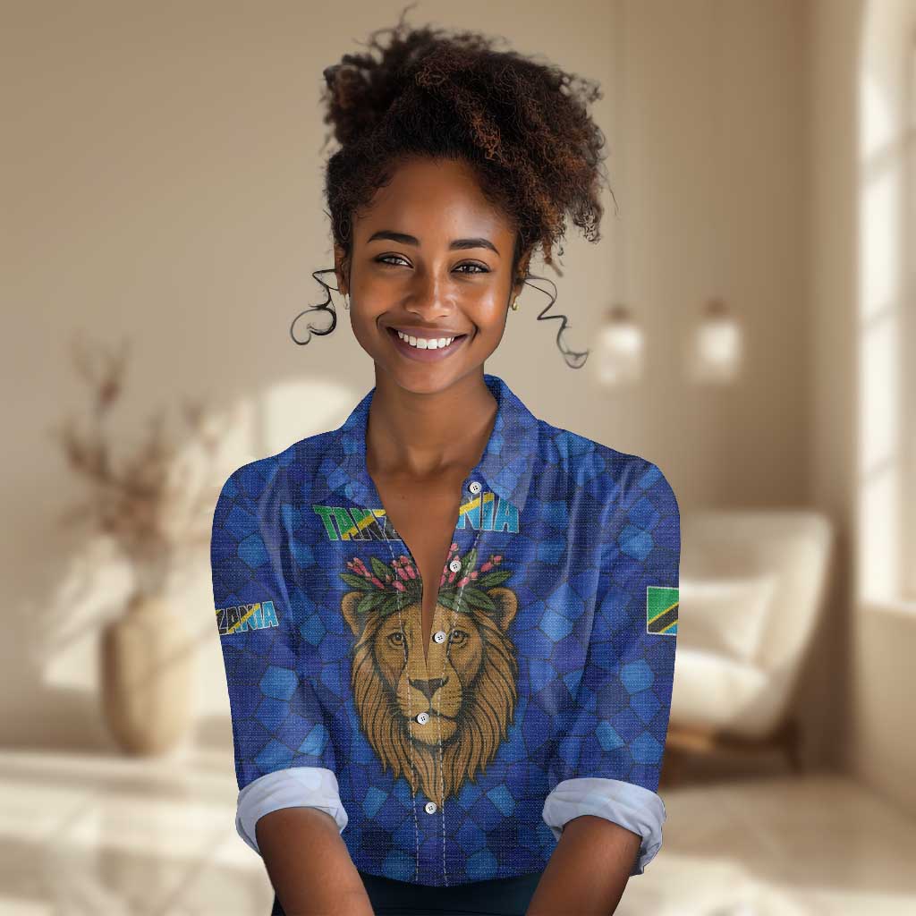 Tanzania Simba Lion Women Casual Shirt - Floral Crown and Blue Mosaic Design TS04