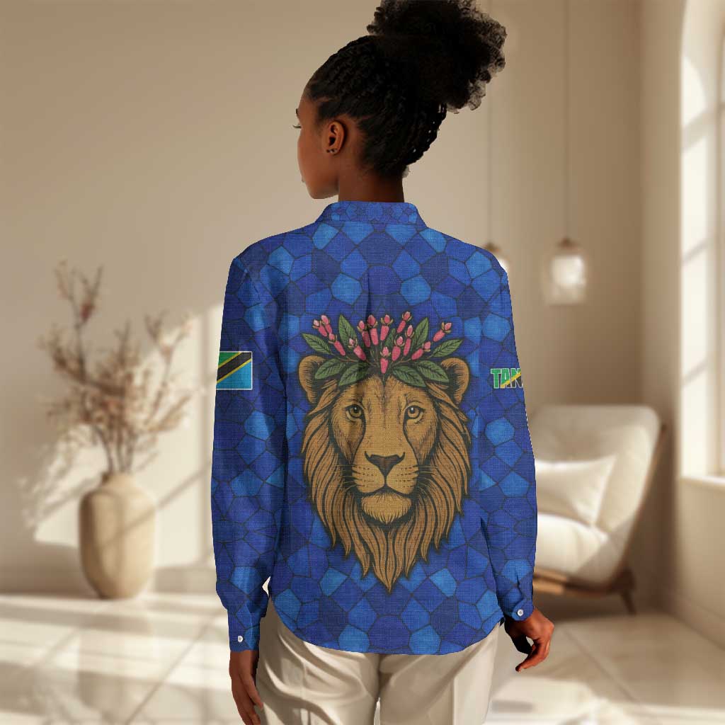 Tanzania Simba Lion Women Casual Shirt - Floral Crown and Blue Mosaic Design TS04