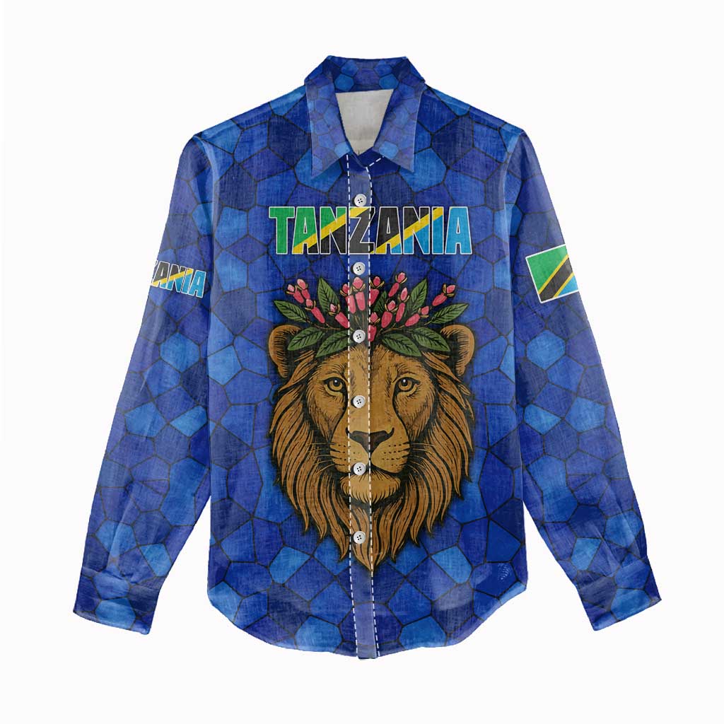 Tanzania Simba Lion Women Casual Shirt - Floral Crown and Blue Mosaic Design TS04