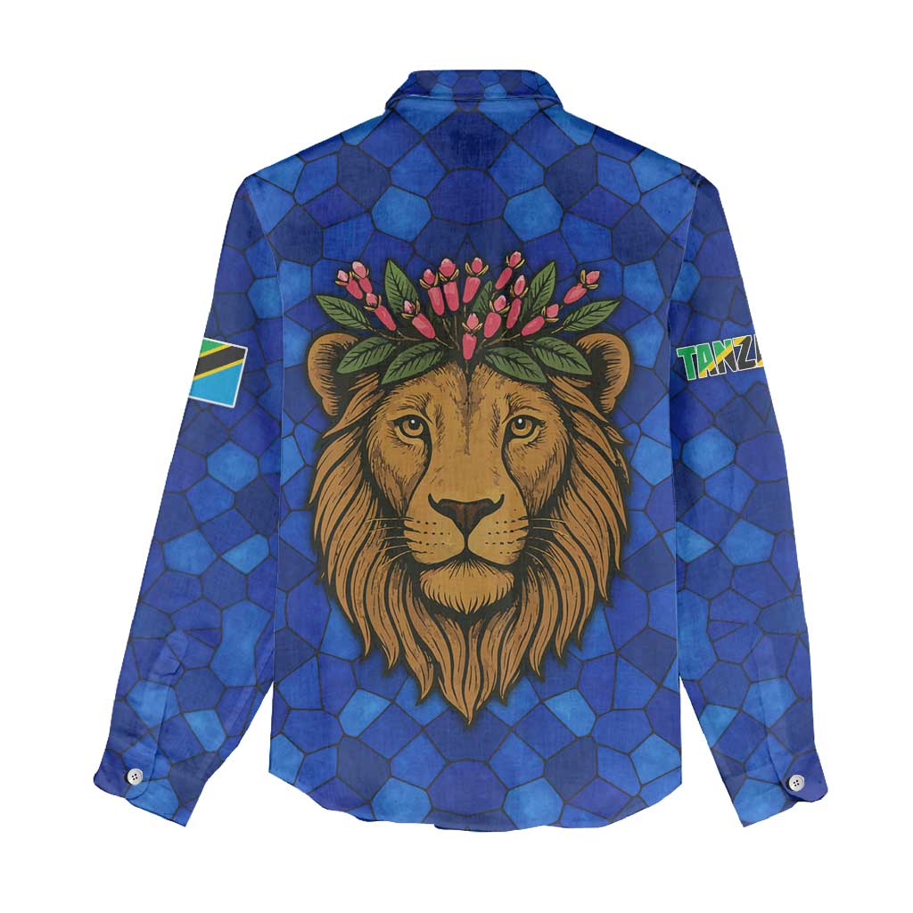Tanzania Simba Lion Women Casual Shirt - Floral Crown and Blue Mosaic Design TS04