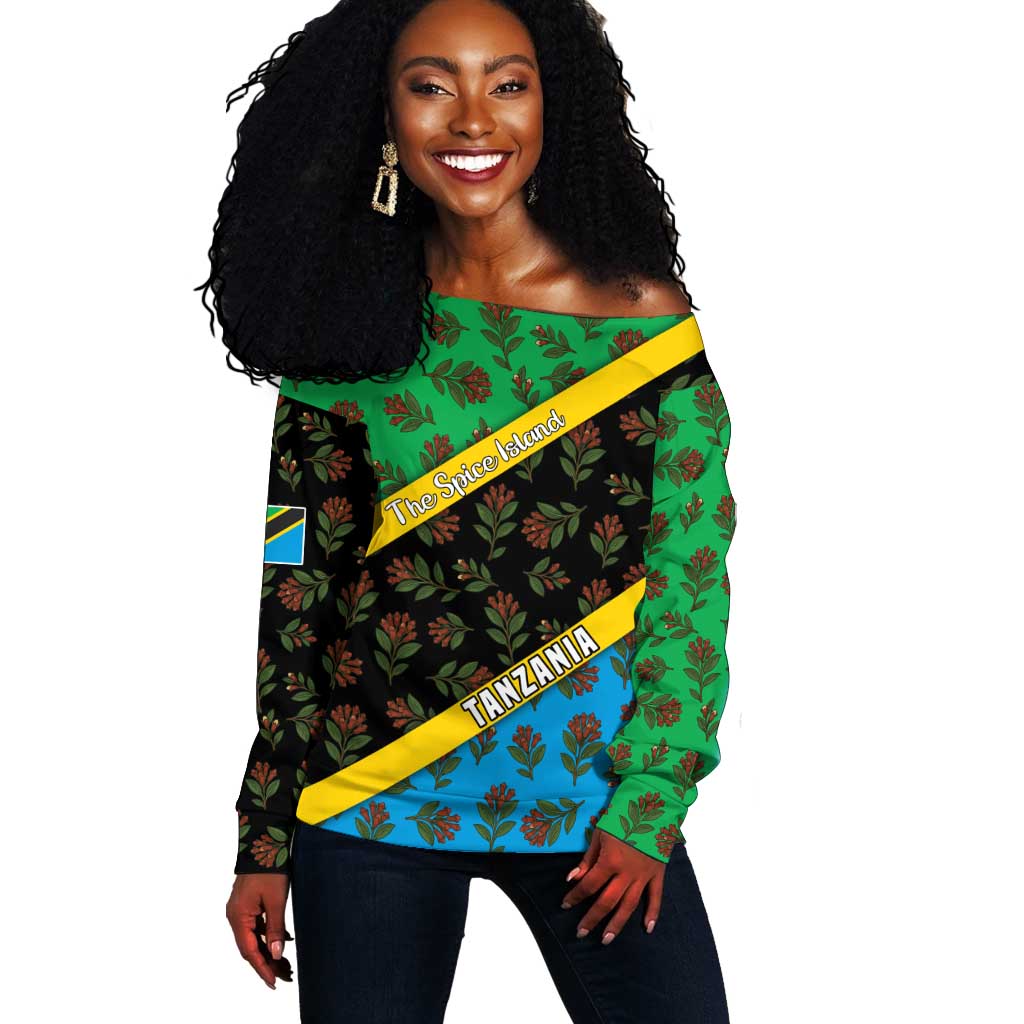 Tanzania Spice Island Off Shoulder Sweater with Clove Leaf Pattern and National Flag Colors TS04