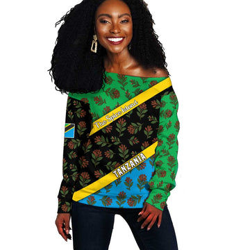 Tanzania Spice Island Off Shoulder Sweater with Clove Leaf Pattern and National Flag Colors TS04