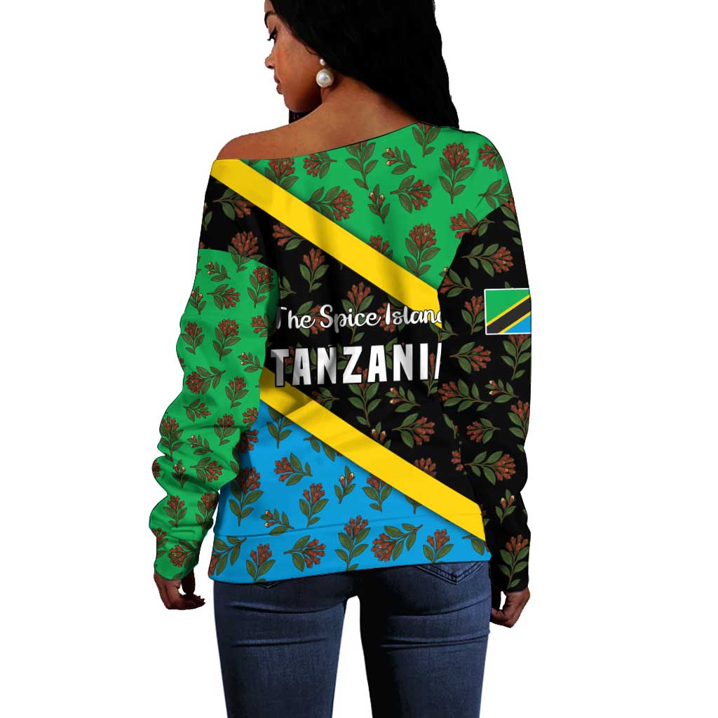 Tanzania Spice Island Off Shoulder Sweater with Clove Leaf Pattern and National Flag Colors TS04