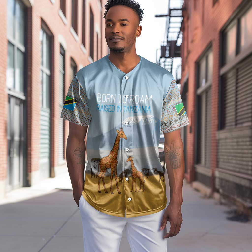 Tanzania Safari Giraffe Baseball Jersey - Tribal Patterns and Mount Kilimanjaro Scene TS04