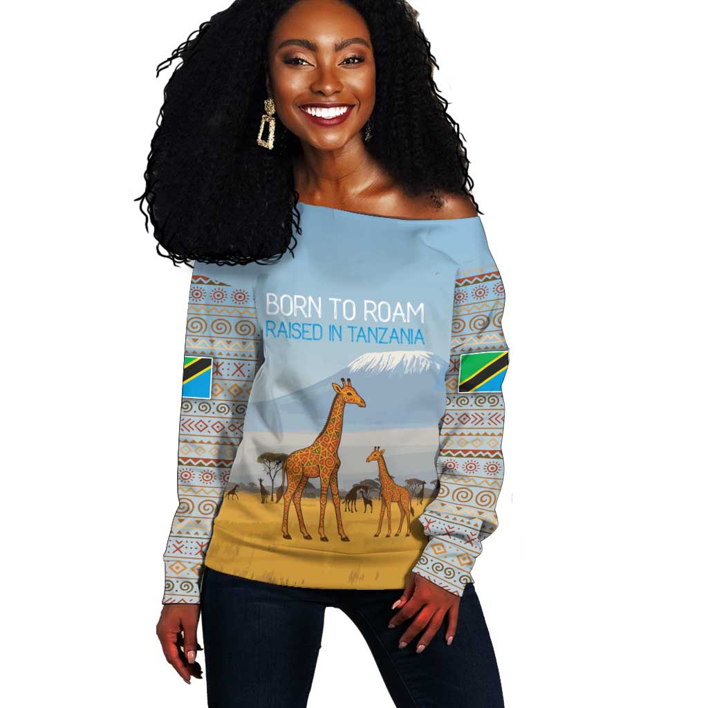 Tanzania Safari Giraffe Off Shoulder Sweater - Tribal Patterns and Mount Kilimanjaro Scene TS04