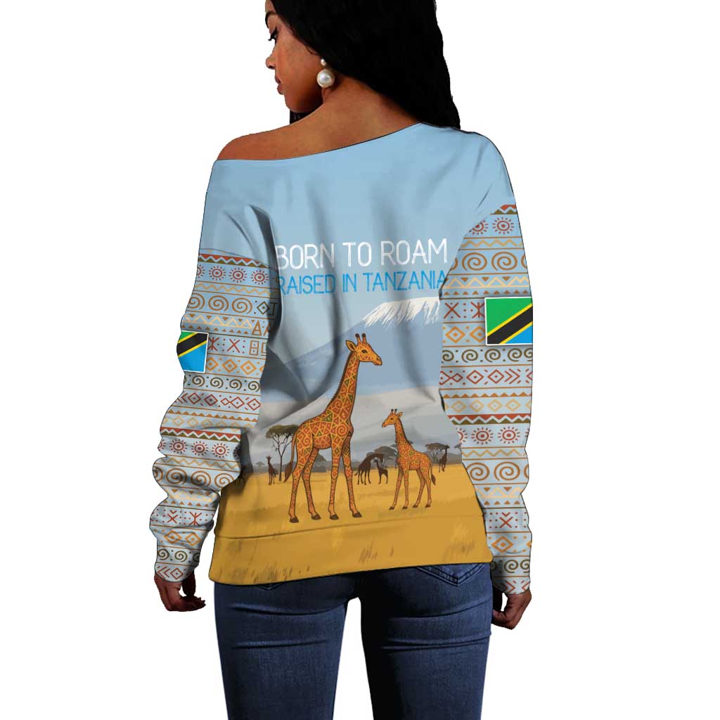 Tanzania Safari Giraffe Off Shoulder Sweater - Tribal Patterns and Mount Kilimanjaro Scene TS04