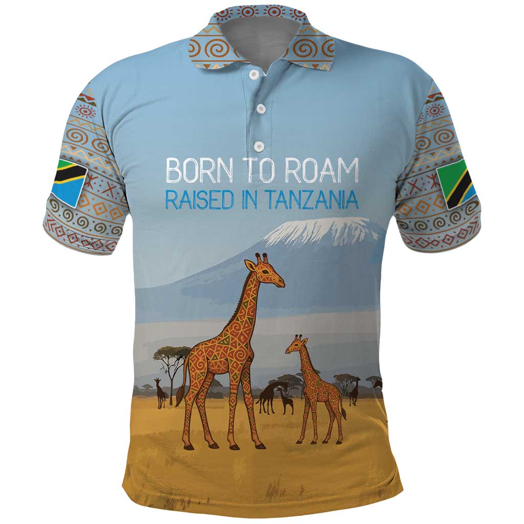 Tanzania Safari Giraffe Polo Shirt with Tribal Patterns and Mount Kilimanjaro Scene TS04