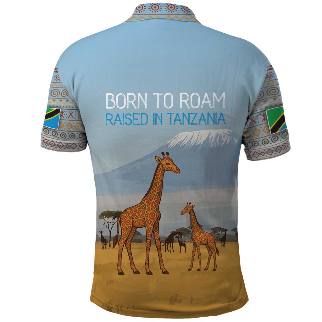 Tanzania Safari Giraffe Polo Shirt with Tribal Patterns and Mount Kilimanjaro Scene TS04