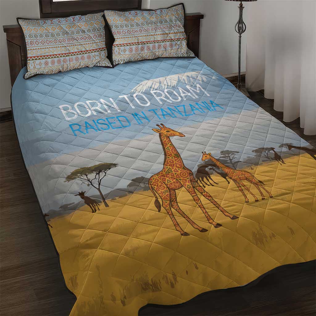 Tanzania Safari Giraffe Quilt Bed Set - Tribal Patterns and Mount Kilimanjaro Scene TS04