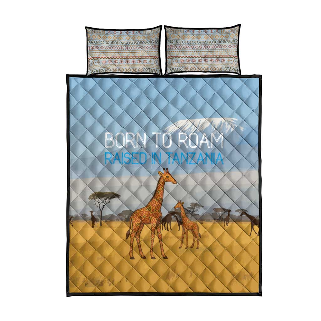Tanzania Safari Giraffe Quilt Bed Set - Tribal Patterns and Mount Kilimanjaro Scene TS04