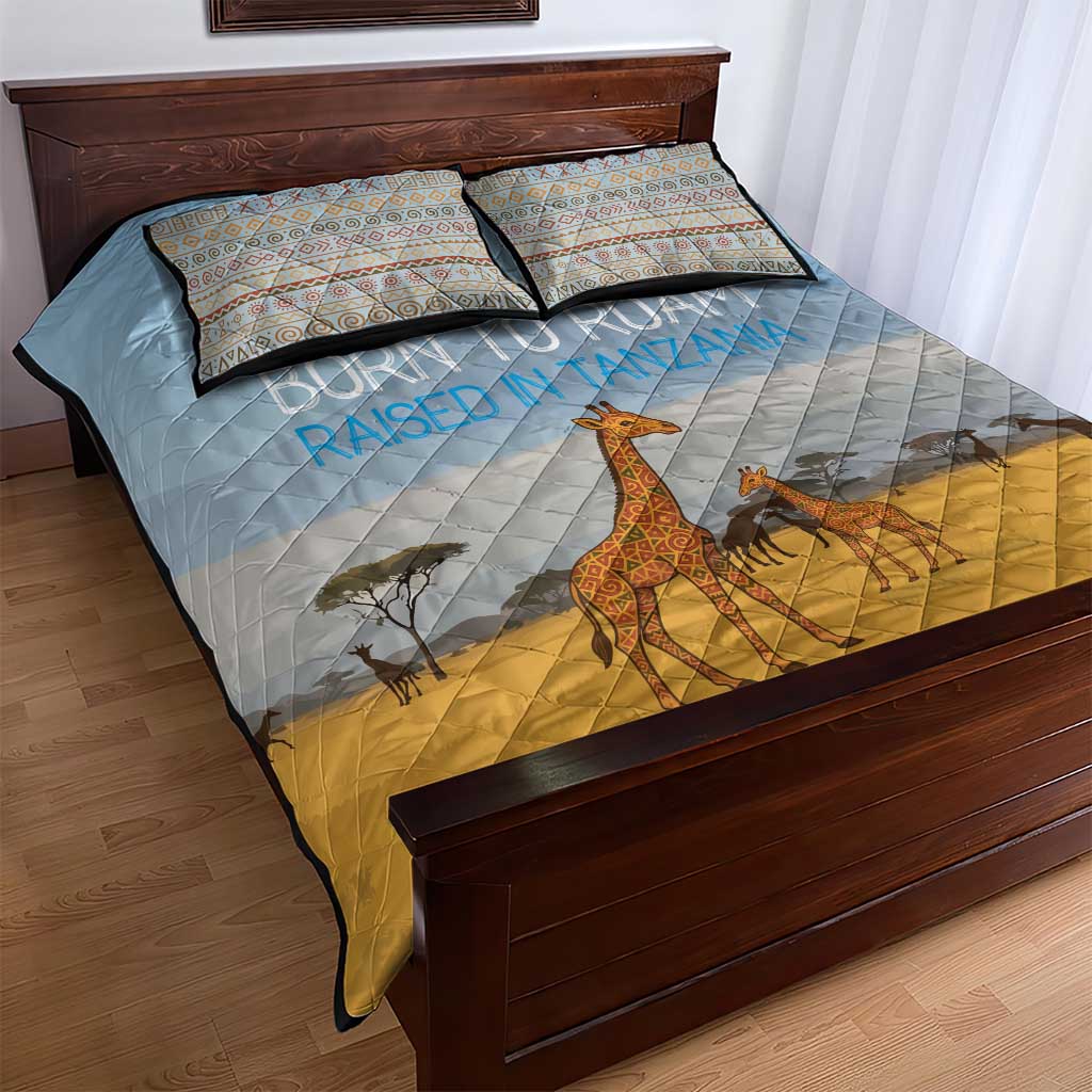 Tanzania Safari Giraffe Quilt Bed Set - Tribal Patterns and Mount Kilimanjaro Scene TS04