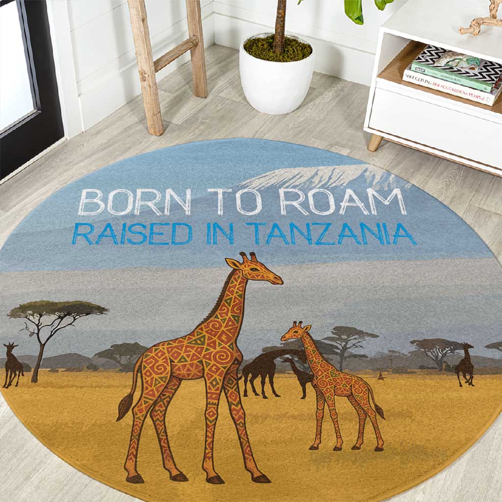 Tanzania Safari Giraffe Round Carpet - Tribal Patterns and Mount Kilimanjaro Scene TS04