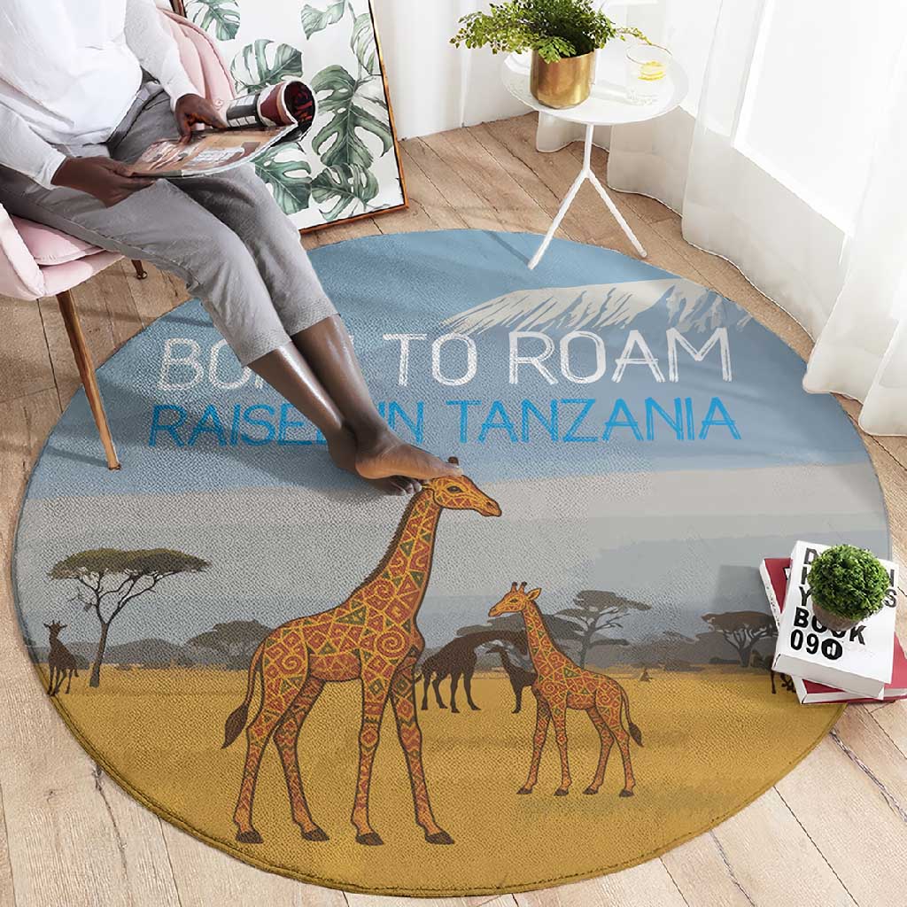 Tanzania Safari Giraffe Round Carpet - Tribal Patterns and Mount Kilimanjaro Scene TS04