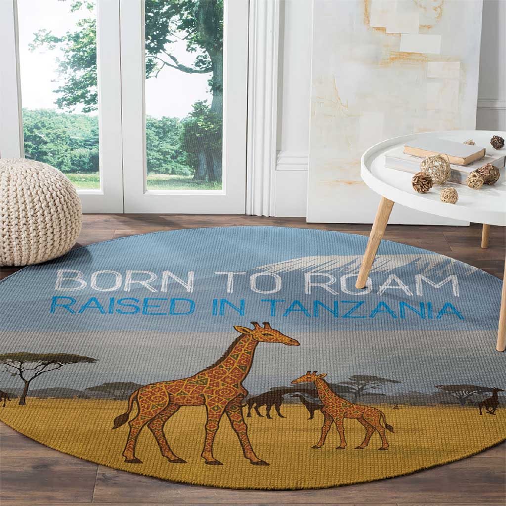 Tanzania Safari Giraffe Round Carpet - Tribal Patterns and Mount Kilimanjaro Scene TS04